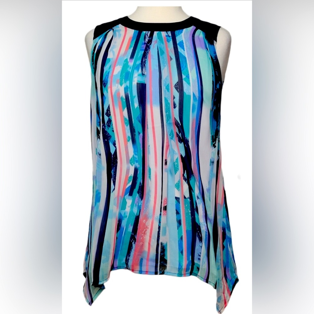 FDJ French Dressing Jeans Top Tunic Sleeveless Abstract Button Closure